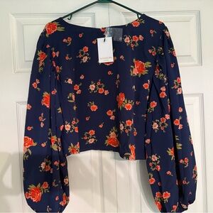 Sugarlips Navy Blouse with Red Floral Design